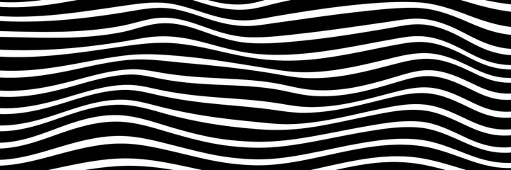 Trendy wavy background. Vector illustration of striped pattern with optical illusion, op art. Long horizontal banner