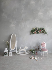 children's room for girls with vintage furniture.vintage chair with pink velvet. furniture...