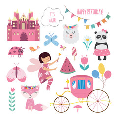Baby princess fairytale birthday set - cartoon girl and pink object collection