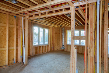 Beams the view of interior of frame house under construction residential house in American