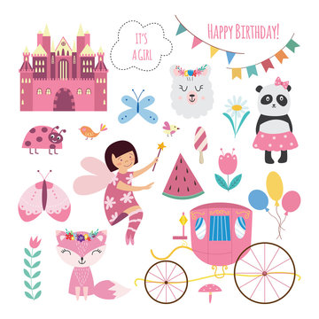 Baby princess fairytale birthday set - cartoon girl and pink object collection