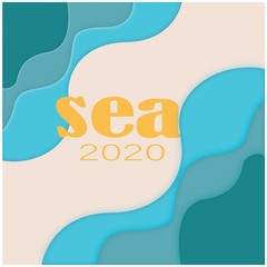 summer 2020 sea effect poster. cut paper effect background in tropical blue colors. design for poster, happy holidays card, happy vacation card, travel advertise