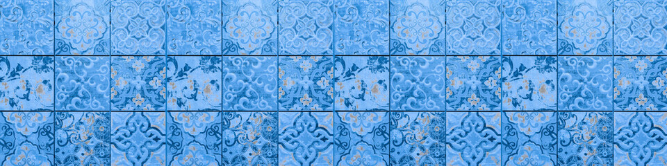 Blue vintage retro geometric rectangle mosaic motif cement tiles texture background banner panorama 