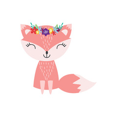 Cute fox flower wreath flat vector illustration in scandinavian style isolated.
