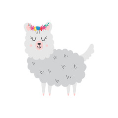 Cute cartoon llama with flower crown smiling with eyes closed
