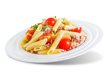 Canned Tuna tomato garlic parsley salad on a white isolated background