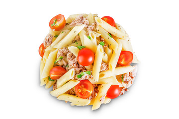 Canned Tuna tomato garlic parsley salad on a white isolated background