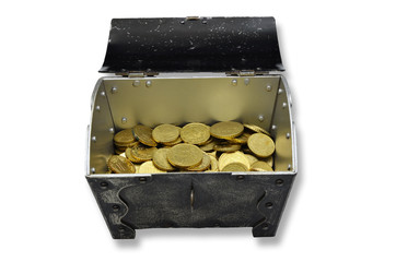 Retro Treasure chest filled with golden Coins, closeup, isloated on white Background
