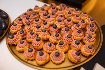 Appetizers table with italian antipasti snacks and wine in glasses. Brushetta or authentic traditional spanish tapas set, cheese variety board over grey concrete background.