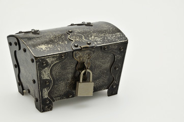 Retro Treasure chest  with Safety lock, closeup, isolated on white background