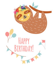 Birthday greeting card with cartoon sloth character flat vector illustration.