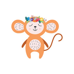 Cartoon baby monkey with flower crown and closed eyes