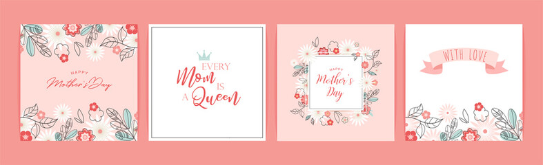 Mother's day greeting card set with flowers background. Happy Mother's day. can be use for sale advertisement, backdrop. vector illustration