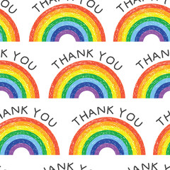 Thank you text and colored in rainbows pattern. Key workers support. Backgrounds, wrapping, gifts, scrapbooking. Vector illustration.