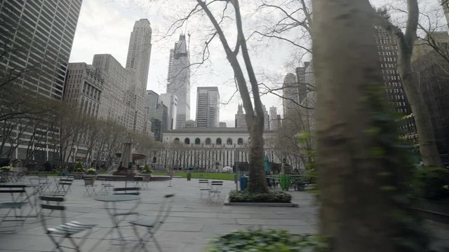 POV shot of empty parks and open areas of New York Manhattan during the Covid-19 coronavirus epidemic outbreak.