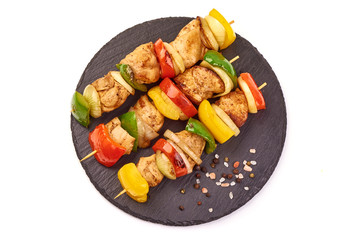 Grilled chicken skewers, roasted shish kebab BBQ, isolated on white background