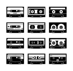Set of music cassettes monochrome black icons set, vector illustration isolated.