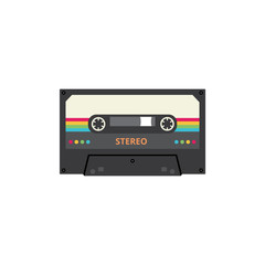 Stereo cassette tape with colorful retro stripes - vintage 80s music player