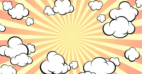 Background with empty space for text or object. Pop art style. Comic style. The sky with clouds. Horisontal format.