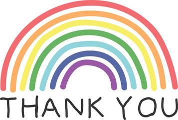 Thank you text and drawn rainbow. Key workers support. Banner, sign, poster, background, wrapping, gifts, scrapbooking. Vector illustration.