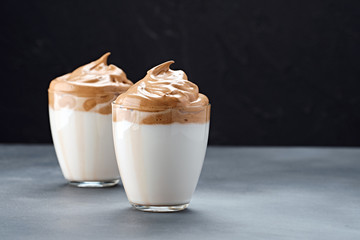 Dalgona coffee. Trendy Korean whipped coffee. Fluffy drink