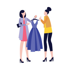 Naklejka na ściany i meble Fashion girlfriends shopping together, flat cartoon vector illustration isolated.