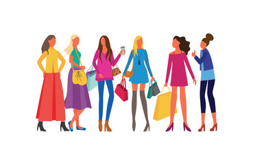 Group girls or young women with shopping bags flat vector illustration isolated.