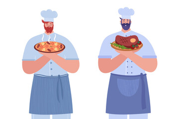 Two cooks. The first cook holds hot pizza. The second cook holds a steak. Vector illustration.