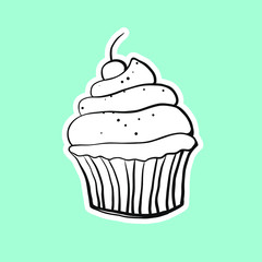 Vector cupcakes on blue background. Cupcakes logo for sweet-shop, confectionery, bakery, web sites with sweets. Cupcake sticker.