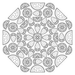 Circular fruit pattern in form of mandala. Vector illustration. Coloring book page.