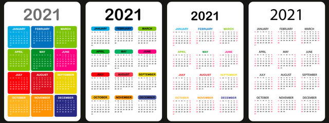 Set of Calendars 2021 yearly. Week starts on Sunday. Vector illustration.