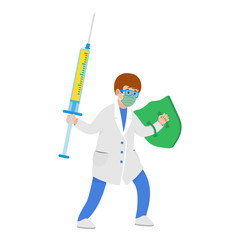 Doctor with syringe sword and shield