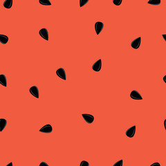 Watermelon texture seamless pattern - black seeds on red background.