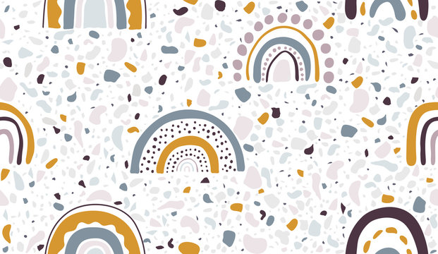 Seamless vector pattern with hand drawn rainbows and marble. Trendy baby texture