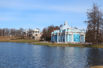Russia, St. Petersburg, April 19, 2020, the Hermitage Pavilion in the Catherine Park in the city of...