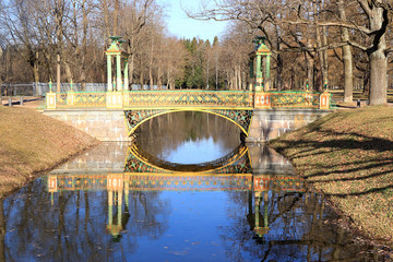 Russia, St. Petersburg, April 19, 2020, the Cross Bridge in Alexander Park in the city of Pushkin...