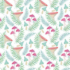 Seamless patterns with watercolor mushrooms and fern. White background. For textile, linen, covering and etc