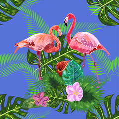 Obraz na płótnie Canvas seamless floral summer pattern background with tropical palm leaves, flamingo, hibiscus.