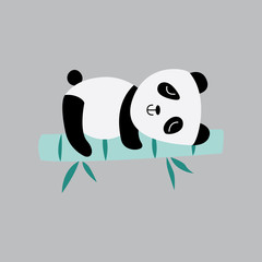 Baby panda sleeps on bamboo sticker or patch, flat vector illustration isolated.