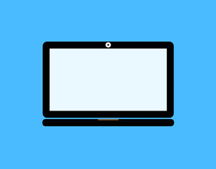 A close up of a laptop with big white screen on blue background. 
