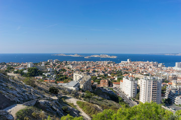 The amazing areal view on Marseille from mountain where is church od Notre Dame de la Guarde , France