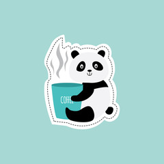 Funny panda bear holding cup of coffee drink flat vector illustration isolated.