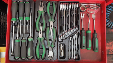 set of tools for  repear car at auto workshop