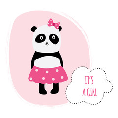 Girl baby shower or birthday card panda cartoon vector illustration isolated.