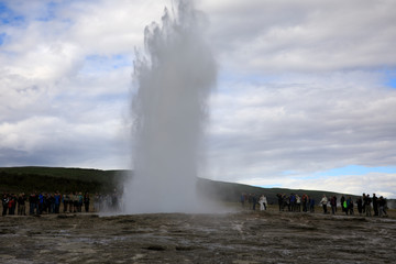 Geysir / Iceland - August 25, 2017: Strokkur geysir eruption near Golden Circle, Iceland