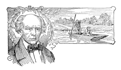 Man with large old fashion bow tie, balding, surrounded by wreath of leaves. village on the river with a man polling a small punt boat, another man sitting in front thinking.
