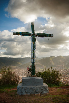 cross sculpture overlooking Cusco, Peru, South America