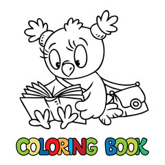 Coloring book of little funny owl with a book