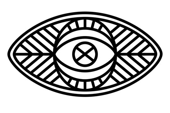 Mystic eye are on the circle belong of which the rays of the sun. Religion philosophy, spirituality, occultism, chemistry, science, magic. Isolated vector illustration.
