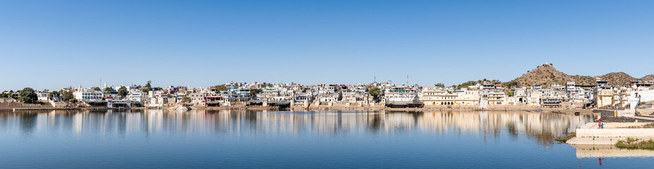 Panorama scenery of the Indian town of Pushkar and its ghats, in the northeastern state of Rajasthan, India